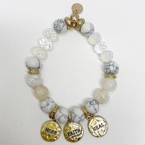 White Beaded Stretch Bracelet w/Hope, Faith & Heal Charms